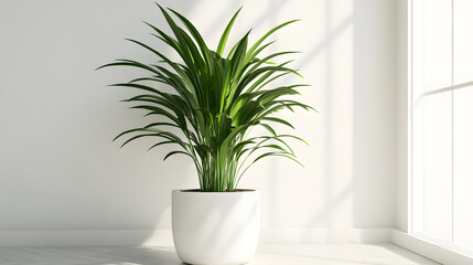 Fototapeta premium Minimalist Green Plant in White Pot Against White Wall with copy space 