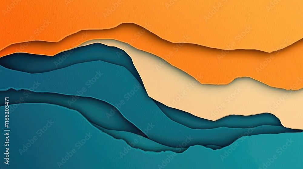 Poster Torn abstract background concept. Abstract layered background with vibrant orange and teal colors showcasing depth and texture.