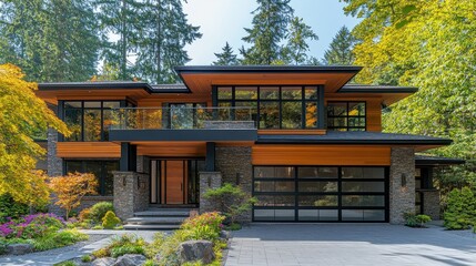Fototapeta premium Modern luxury home with wood siding, stone accents, and large windows.