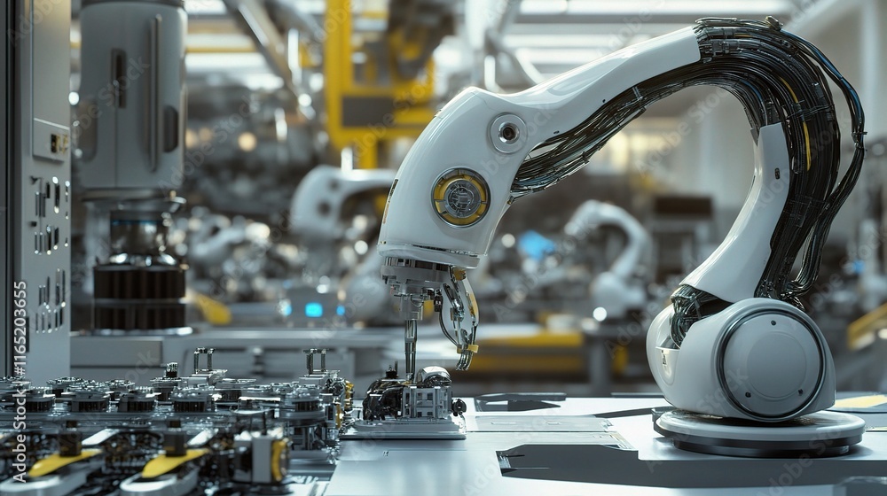 Poster modern factory concept with advanced robots and machinery integration