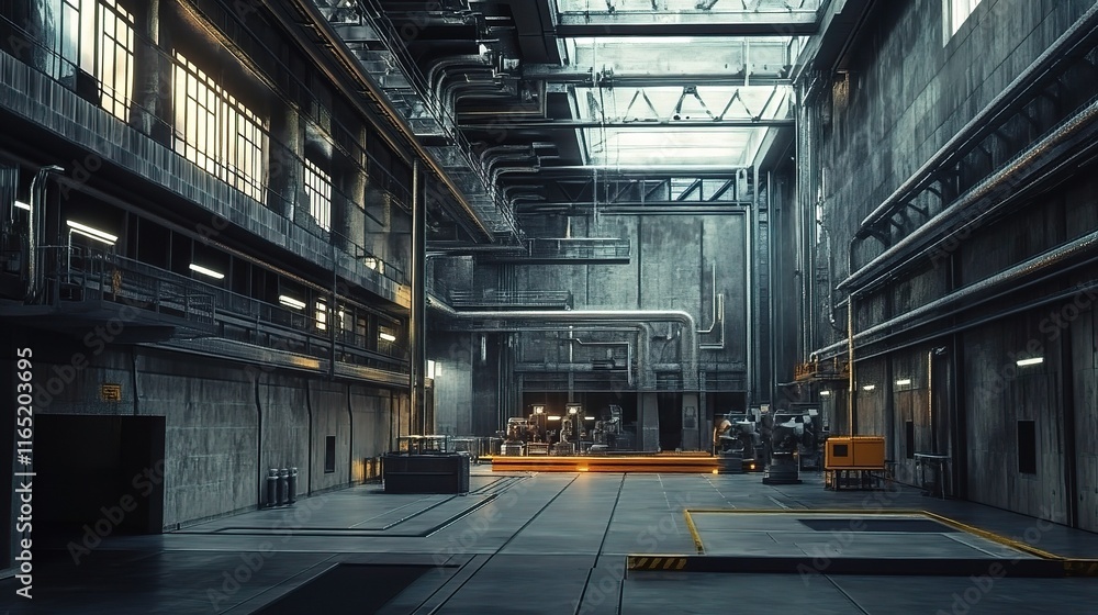 Poster futuristic 3d rendering of an advanced assembly line in a factory