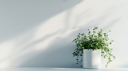 Minimalist Green Plant in White Pot Against White Wall with copy space 