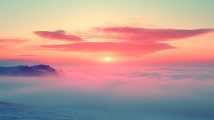 Pink Sunset Over Snowy Mountains and Clouds