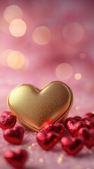 Obraz premium Pink gemstone heart shining on rose petals background