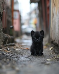 Black Chihuahua puppy sits in a narrow alleyway.