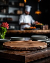 Fototapeta premium Culinary preparation by chef in modern restaurant kitchen food dark ambiance professional environment
