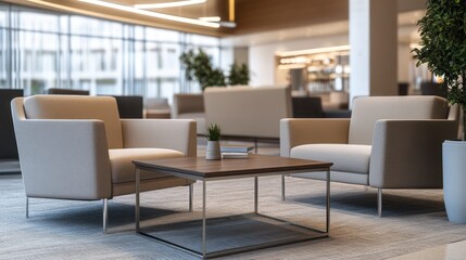 A comfortable business lounge with soft seating, a coffee table, and a tranquil ambiance.