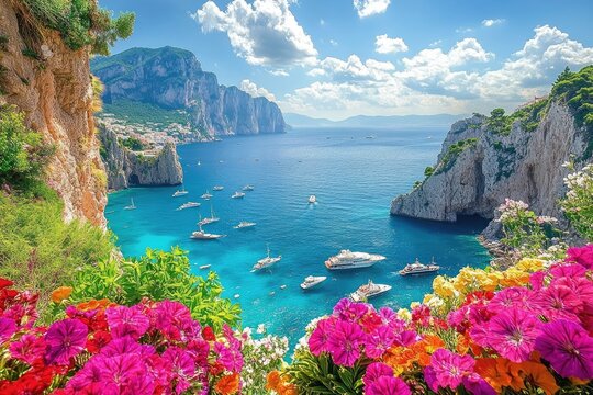 Capri island, italy. Amazing view of yachts and boats floating on turquoise water with colorful flowers in foreground