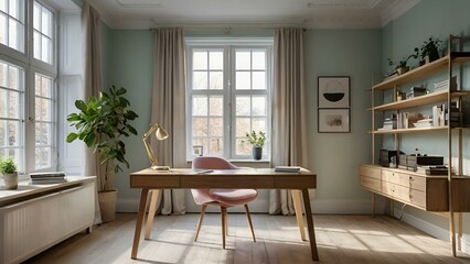 Fototapeta premium Wooden dining table and chairs with modern design in a spacious living room with large windows