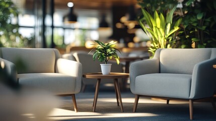 Obraz premium A comfortable lounge area with soft armchairs, a coffee table, and an inviting atmosphere for work breaks.