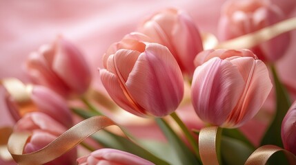 Fototapeta premium Pink tulips resting on delicate pink silk drapes