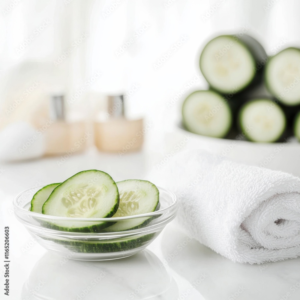 Aufkleber cucumber slices in a bowl spa setting wellness image bright environment close-up view relaxation con