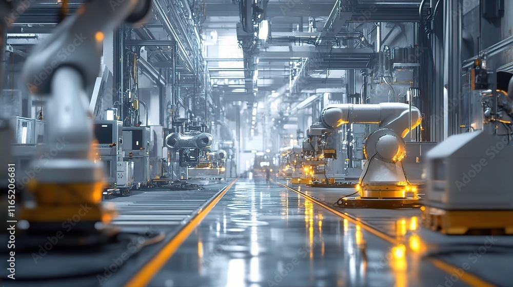 Poster large factory with automated robots and production lines in action