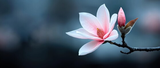 A close-up of a single pink magnolia bloom in the soft light of early spring