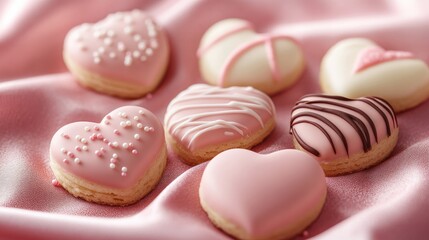 Obraz premium Heart shaped cookies decorated with icing resting on pink satin