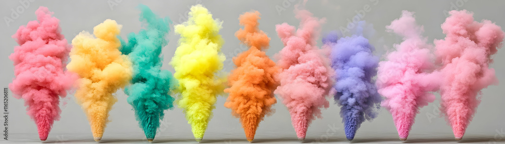 Poster rainbow colored smoke plumes rise dynamically, creating a vivid and artistic display of color and mo