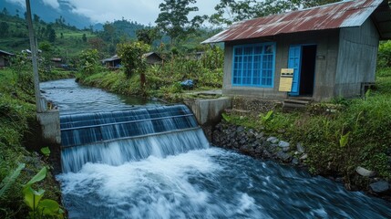 A small, efficient micro hydropower plant nestled by a fast-flowing stream in a rural community