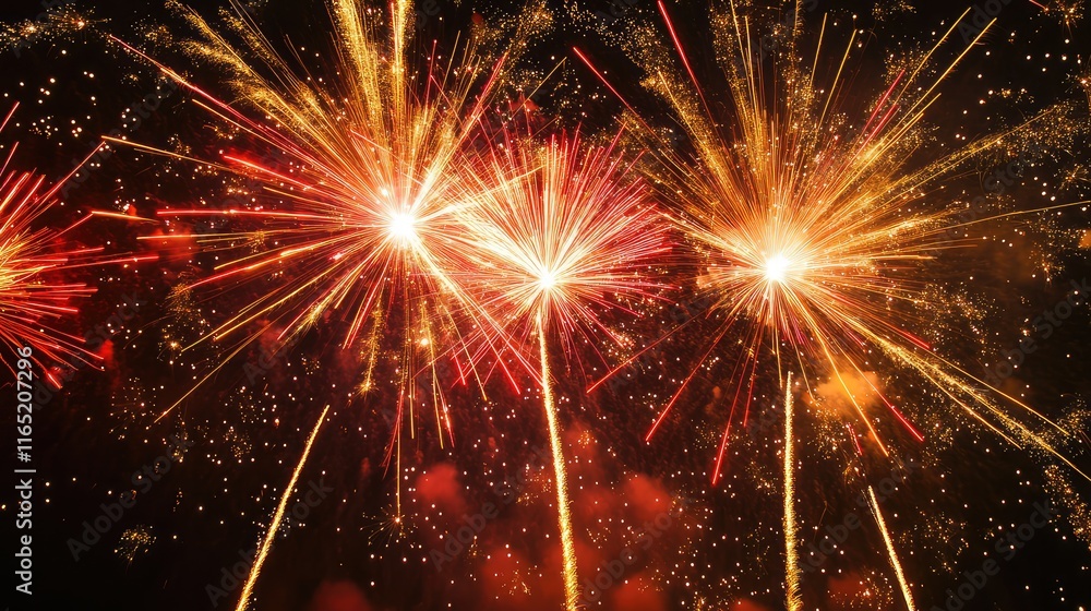 Poster fiery abstract fireworks with glowing golden sparks and red swirling patterns bursting from the cent