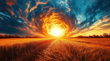 Dramatic sky over field, swirling vortex.