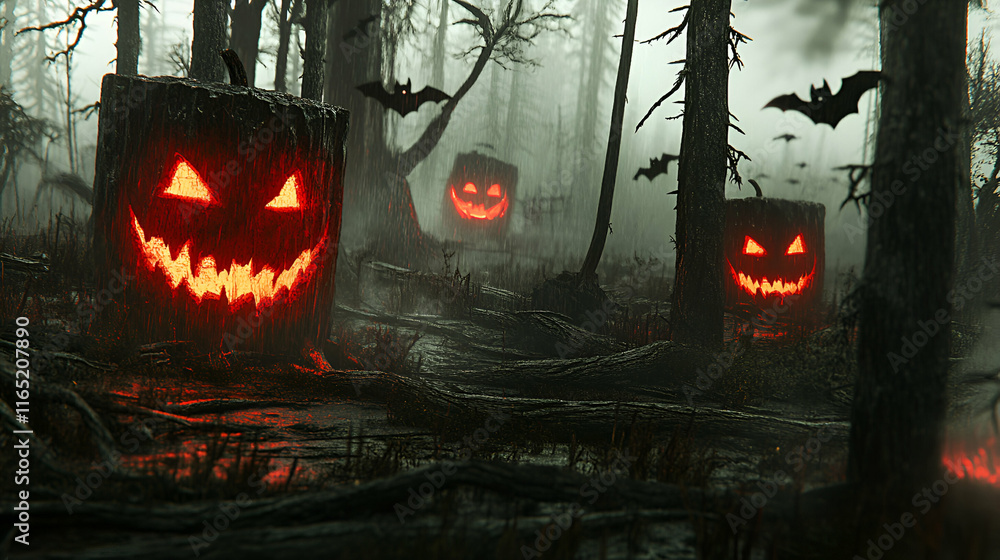 Wall mural Glowing Jack-o'-lanterns in a Dark Forest at Night, Bats Fly Spookily Above