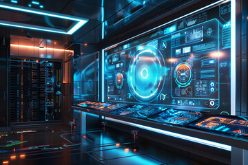 Obraz premium futuristic control room with a large central monitor displays dynamic interface with glowing graphic