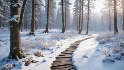 Obraz premium A snow-covered forest with a winding path leading to a frozen lake , alpine landscape, snowy forest