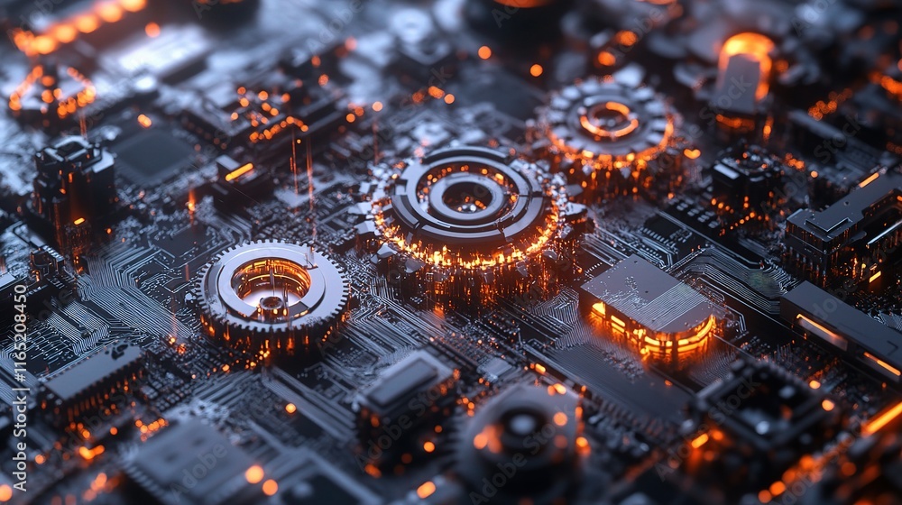 Poster abstract rendering of gears and microchips in futuristic technology