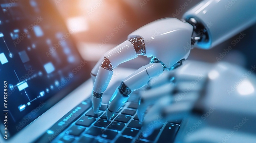 Poster advanced technological automation concept with digital robot hand