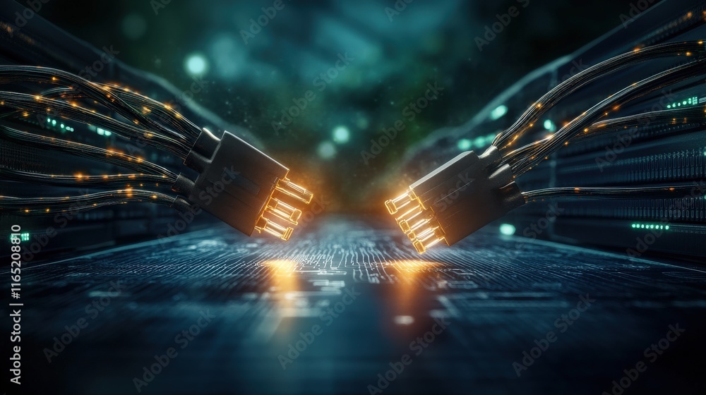Poster Futuristic Digital Connection with Glowing Cables Merging Over a Circuit Board in a High-Tech Environment, Representing Innovation and Technology Advancement