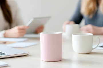 Pink Mug on Office Desk with Colleagues, Working Efficiently and Collaboratively in a Modern Workspace.