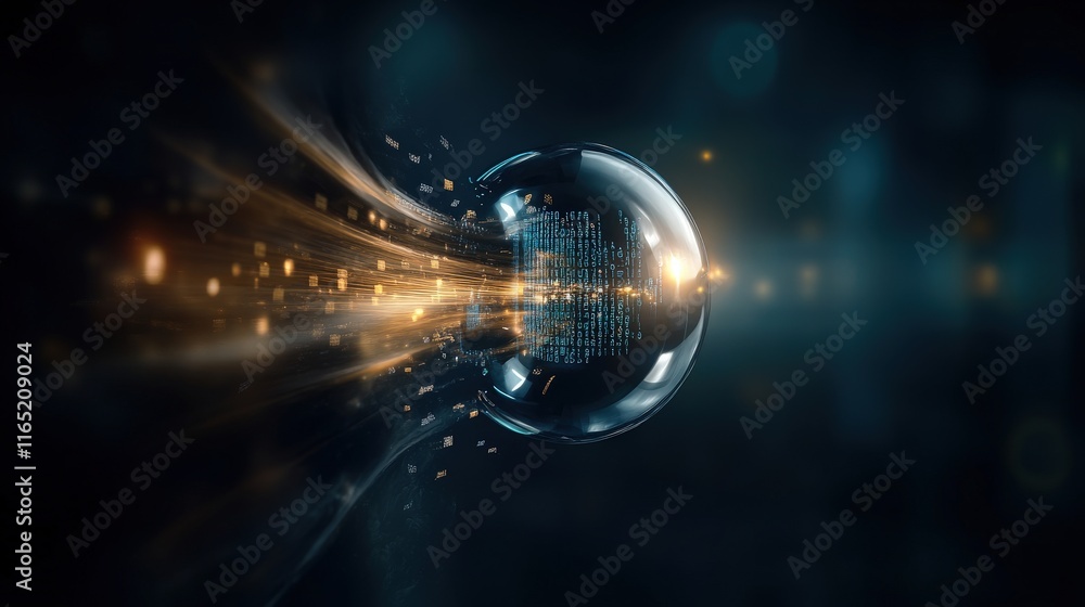 Aufkleber futuristic representation of data flow with a glowing sphere emitting radiant particles in a dark di