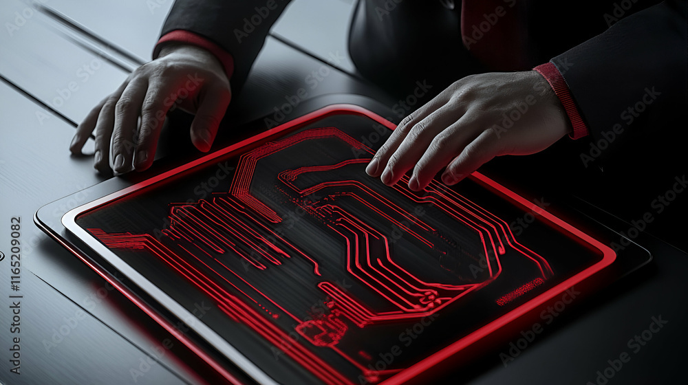 Poster red circuitry interface, person interacts with futuristic technology system, exploring advanced digi