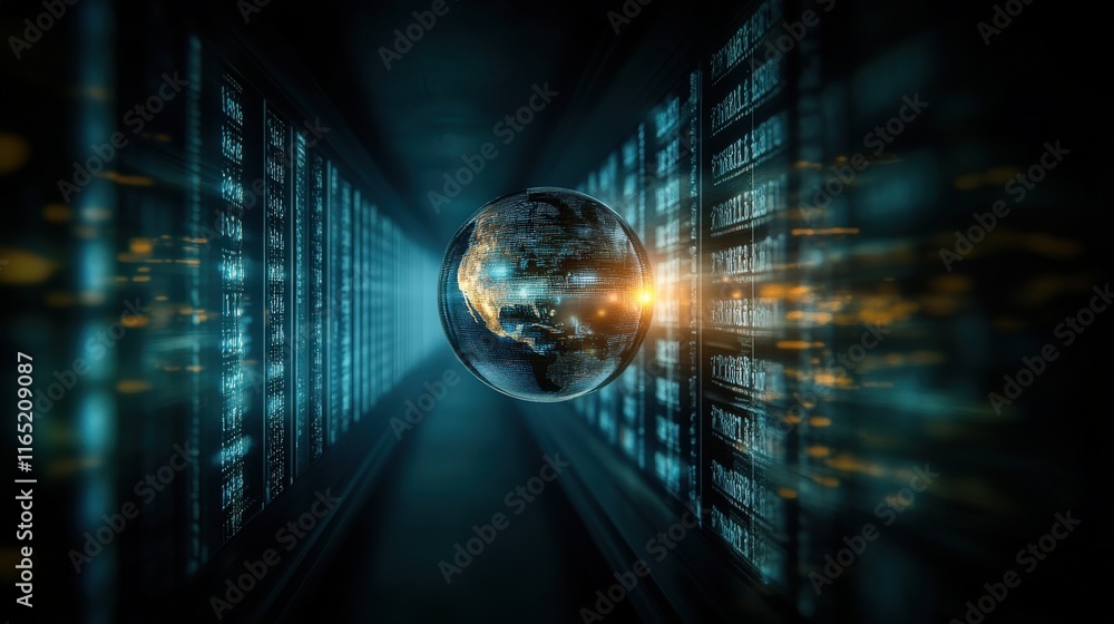 Poster Surreal digital landscape featuring a glowing globe surrounded by streams of binary code, representing data, technology, and global connectivity in a futuristic setting.