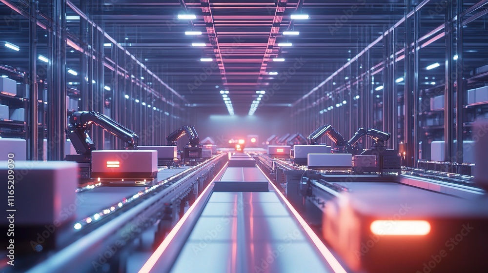 Poster high-tech warehouse with conveyor belts and moving robots in action
