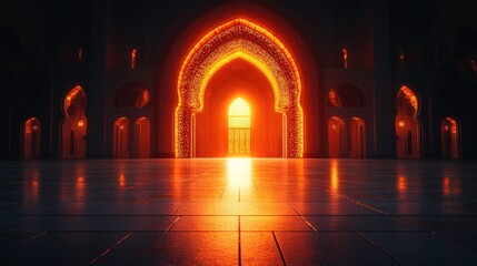 Enchanting Sunrise Illuminates Mosaic Decorated Archway in Majestic Mosque Interior with Sparkling Reflections and Warm Light
