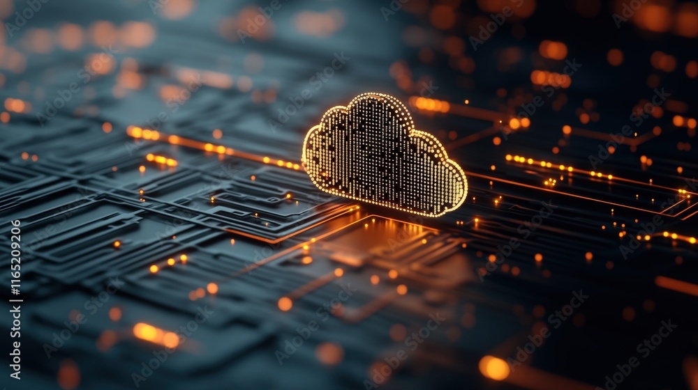 Leinwandbilder Futuristic Cloud Computing Concept with Digital Network Background Featuring Glowing Data Points and Circuit Patterns in a Technological Landscape