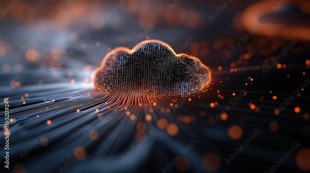 Aufkleber Futuristic Cloud Computing Concept with Digital Particles and Glowing Effect Creating a Dynamic Visual Representation of Technology and Data Transmission