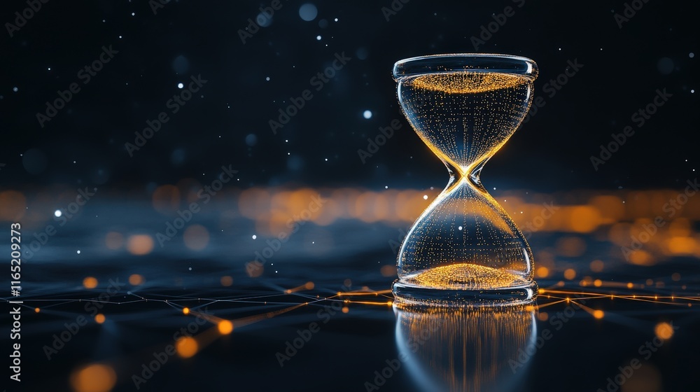 Poster elegant hourglass with luminous sand flowing gracefully, symbolizing the passage of time, reflection
