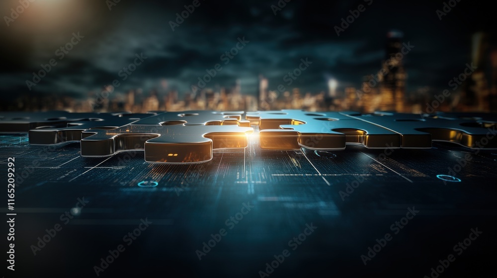 Leinwandbilder Intricate Puzzle Piece on a Digital Background Highlighted by Soft Glowing Light Amidst a Futuristic Cityscape and High-Tech Data Visualization Elements