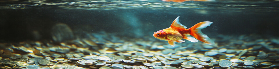 Fototapeta premium Goldfish Swimming in a Tank with Bottom Covered in Coins Wide Angle