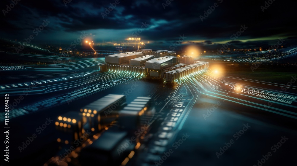 Poster futuristic cityscape with circuit board elements glowing in the night, representing technology and i