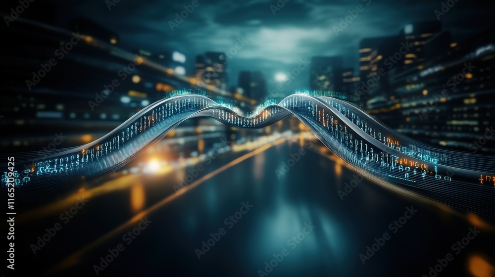 Aufkleber abstract digital wave representation over a city skyline, showcasing vibrant binary codes, illuminat