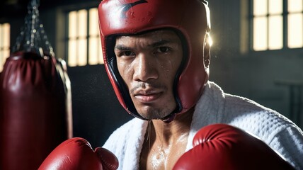 Boxer in Boxing Gear, Portrait, Intense Gaze, Determination - Powered by Adobe