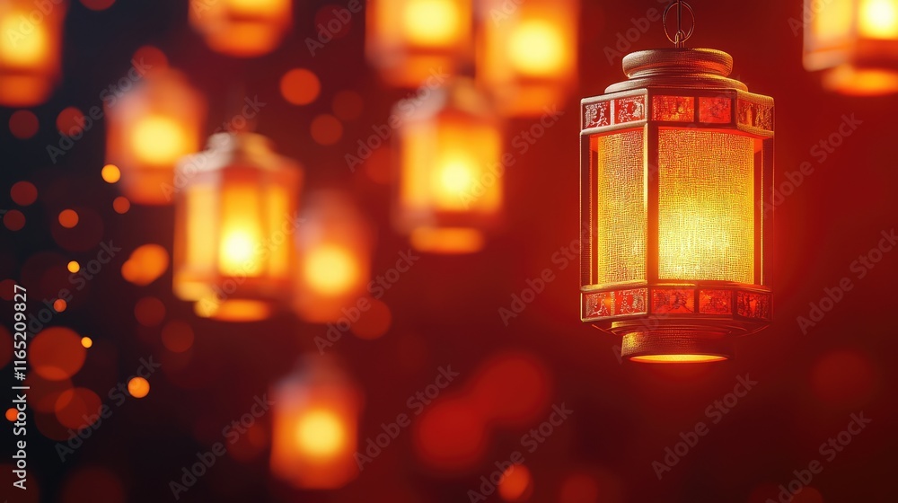 Aufkleber floating golden lantern shapes casting a warm glow over a dark red abstract gradient.