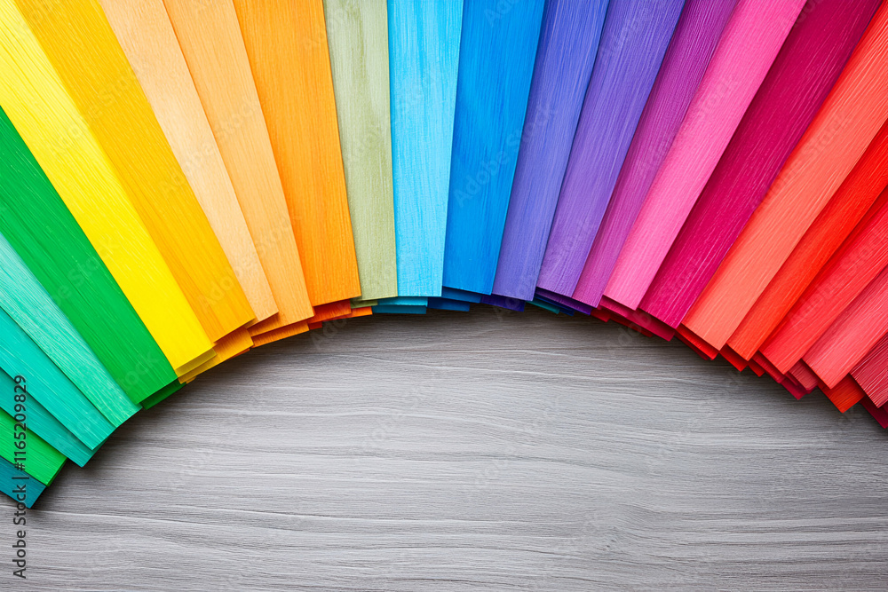Poster vibrant rainbow spectrum of colors on wood, displaying a full range of hues and shades arranged in a