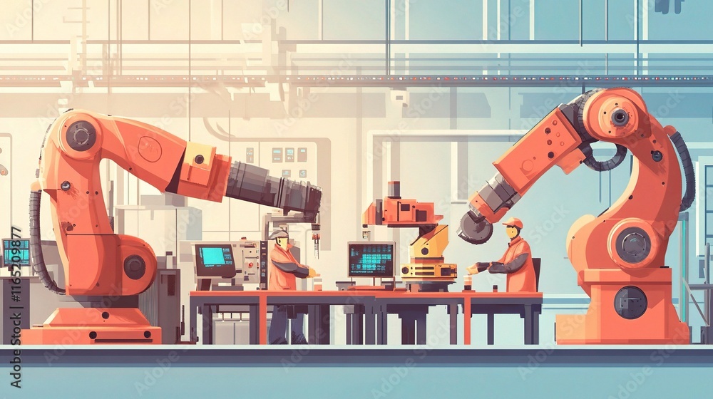 Poster collaborative robots working together in a modern factory environment