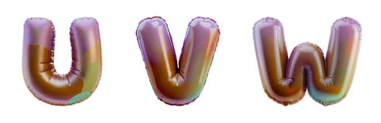 Collection 3D Alphabet Set of "U,V,W" Rendered In Glossy balloon characters in soft gradient colors  isolated on transparent background, png