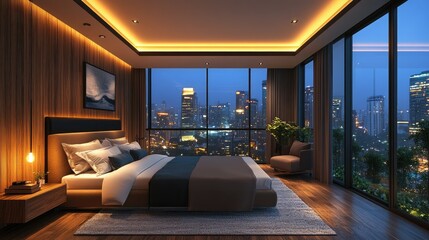 Naklejka premium Nighttime bedroom with city view and warm lighting.