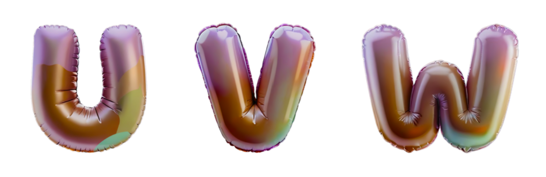 Collection 3D Alphabet Set of "U,V,W" Rendered In Glossy balloon characters in soft gradient colors  isolated on transparent background, png