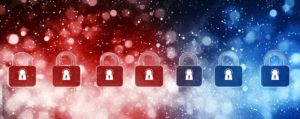 Poster digital security, a network of padlocks secures data efficiently and reliably.